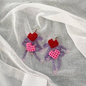 ♡ Beaded Heart & Bow Drop Earrings ♡
